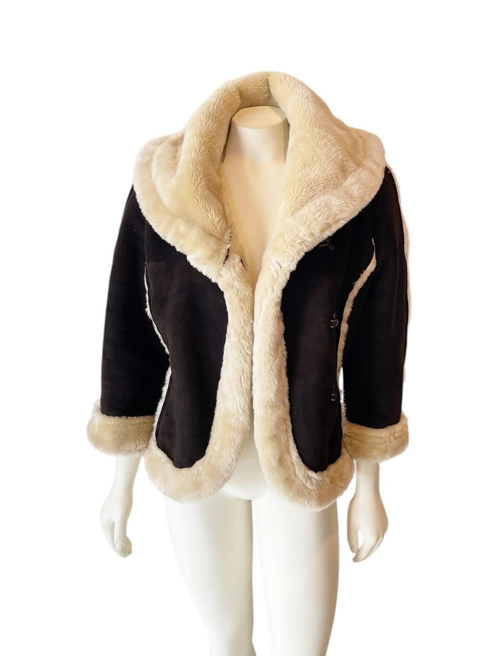 Mexx Faux Fur Suede Waist Jacket Brown Cream Vintage Size 8
